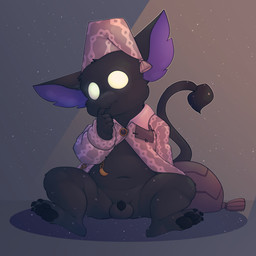 3_toes anthro balls beak black_body black_fur bottomless bottomless_male claws clothed clothing feet finger_in_mouth finger_suck flaccid fur genitals headgear headwear male navel pajamas pawpads penis sitting solo spread_legs spreading sucking tail toes young young_anthro young_male battler deadlock valve rem_(deadlock) avian 1:1 2026 absurd_res english_description hi_res