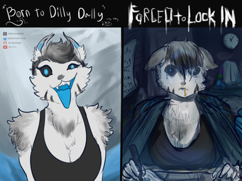 anthro big_breasts black_clothing black_hair black_shirt black_topwear blue_eyes blue_tongue breasts clock clothing drawing_(action) female hair holding_object looking_at_viewer messy_hair open_mouth sharp_teeth shirt silly_face sleeveless_shirt smile solo teeth text tongue tongue_out topwear white_hair katsumodokat domestic_cat felid feline felis mammal 2025 4:3 absurd_res english_text hi_res