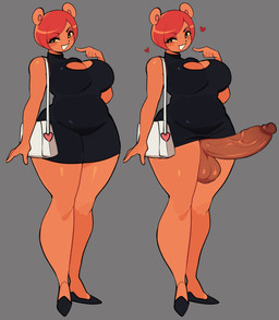 5_fingers anthro balls bent_arm big_breasts biped black_clothing black_dress black_eyebrows black_eyes black_footwear black_nose black_shoes breasts cleavage cleavage_cutout clothed clothed_anthro clothed_gynomorph clothed_intersex clothing cutout dress erection eyebrow_through_hair eyebrows eyelashes fingers flats_(shoes) footwear genitals gesture grey_background gynomorph hair hand_gesture handbag heart_eyes heart_symbol intersex narrowed_eyes penis pointing pointing_at_self round_ears shoes short_hair simple_background slightly_chubby smile solo standing three-quarter_view translucent translucent_hair vein veiny_penis white_purse dvampiresmile anna_(dvampiresmile) bear mammal 2022 digital_drawing_(artwork) digital_media_(artwork) full-length_portrait hi_res portrait