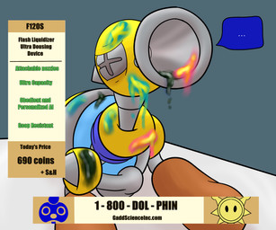 ambiguous_gender camera_view cleaning_tool covered_in_paint dialogue dripping ellipsis exhibitionism fatigued for_sale furrowed_eyebrows goo_drip infomercial looking_at_viewer looking_up looking_up_at_viewer machine metallic_body paint phone_number screw shine_sprite simple_background solo speech_bubble text water_pump water_tank website_banner yellow_body anoelotl mario_bros nintendo super_mario_sunshine f.l.u.d.d. robot 6:5 absurd_res digital_drawing_(artwork) digital_media_(artwork) hi_res