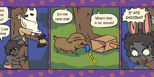 angry anthro barefoot bedsheet_ghost black_body black_eyebrows black_fur black_hair black_nose box briefs brown_body brown_fur brown_tail cardboard cardboard_armor cardboard_box clothed clothing container costume dialogue eyebrows eyelashes feet female feral fur ghost_costume grey_body grey_fur grey_tail group hair halloween_costume handwear holidays in_tree jack-o'-lantern looking_at_another male markings panties pink_briefs pink_clothing pink_nose pink_underwear plant rabbit_ears raccoon_tail red_eyes ring_(marking) ringed_tail scut_tail short_tail speech_bubble striped_markings striped_tail stripes tail tail_markings talking_to_another text torn_clothing tree trio underwear underwear_only white_clothing white_eyes white_panties white_underwear young young_anthro young_female young_male bisonvega halloween bunny_boy_(bisonvega) raccoon_gal_(bisonvega) canid canine canis domestic_dog lagomorph leporid mammal procyonid rabbit raccoon 2025 comic english_text hi_res