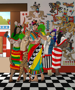 5_fingers 5_toes accessory anthro arm_around_waist aztec barefoot big_breasts black_hair black_nose blue_hair bodily_fluids bottomwear breasts brown_body brown_fur checkered checkered_floor chest_tattoo cholula clothed clothing cum cum_drip dress dripping ear_piercing exposed_breasts feet female fingers flower flower_in_hair footwear fur genital_fluids genitals group hair hair_accessory hand_fan hand_on_hip hand_tattoo humanoid_feet humanoid_hands inside jewelry loincloth long_hair male male/female markings mesoamerican_architecture mural navel neck_tattoo necklace nipples open_mouth open_smile penis piercing plant plantigrade sandals shoes side_boob skimpy skirt smile spots spotted_body spotted_fur tail tail_over_skirt tan_body tan_fur tattoo toes topless topless_male vulva walking yellow_body yellow_fur ohs688 canid canine canis cervine deer domestic_dog felid jaguar lagomorph leopard leporid mammal pantherine rabbit 2022 absurd_res hi_res signature