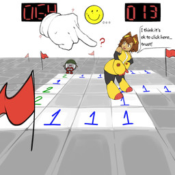 1_eye anthro armor brown_hair dialogue duo eyewear eyewear_on_head female flag flag_(object) gesture goggles goggles_on_head hair hand_gesture headgear headgear_only helmet helmet_only machine number open_mouth pointing question_mark red_eyes tan_body text payules gameoverse glitch_productions minesweeper kaboodle_(gameoverse) kit_bodega domestic_cat felid feline felis mammal robot 1:1 2026 english_text hi_res