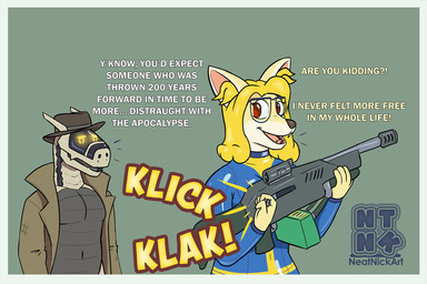 anthro blonde_hair blue_bodysuit blue_clothing blue_latex blue_skinsuit bodysuit brown_eyes clothed clothing coat dialogue duo eyewear female fur glasses glowing glowing_eyes gun hair holding_gun holding_object holding_ranged_weapon holding_weapon latex latex_bodysuit latex_clothing latex_skinsuit looking_at_another male open_mouth open_smile ranged_weapon skinsuit smile standing tan_body tan_skin text tight_clothing topwear trenchcoat weapon yellow_body yellow_fur neatnick fallout microsoft canid canine fennec_fox fox mammal synth_(vader-san) true_fox 3:2 english_text hi_res
