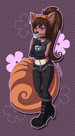 5_fingers alternative_fashion anthro anthrofied big_breasts black_boots black_bottomwear black_clothing black_collar black_footwear black_gloves black_handwear black_nose black_pants black_shirt black_topwear boots bottomwear breasts brown_body brown_ears brown_fur brown_hair brown_tail clothing collar collar_ring collar_tag collarbone crop_top dotted_background female fingers flower footwear fur gloves goth hair handwear holding_elbow holding_object midriff multi_tail multicolored_body multicolored_fur navel pants pattern_background plant pokemorph ponytail purple_background purple_eyes shirt shoes simple_background solo tail tan_body tan_fur tank_top topwear two_tone_body two_tone_fur y2k_(graphic_design) melangetic nintendo pokemon canid canine generation_1_pokemon mammal pokemon_(species) vulpix