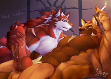 abs animal_genitalia animal_penis anthro athletic balls biceps big_balls big_muscles big_penis blue_eyes bodily_fluids brown_body brown_eyes brown_fur brown_hair brown_nose canine_genitalia canine_penis chest_tuft cigarette claws dripping duo erection fangs fur genital_fluids genitals hair handjob head_grab humanoid_genitalia humanoid_penis hybrid_genitalia hybrid_penis kissing knot knotted_humanoid_penis knotted_penis leaking lying male male/male markings master muscular muscular_male nation nude on_back on_side open_mouth pecs penile penis penis_grab pink_nose precum red_body red_fur red_penis romantic romantic_couple saliva saliva_string sex sheath smoke smoking tan_body tan_fur teeth tongue tongue_out tuft vein white_body white_fur white_hair lokya canid canine canis domestic_dog german_shepherd herding_dog mammal pastoral_dog