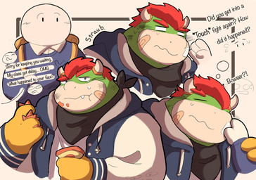 anthro backpack band-aid bandage clothing cute_fangs duo eyes_closed fangs food hoodie humanoid_hands male shirt teeth text topwear strauburi mario_bros nintendo bowser koopa scalie 2021 english_text hi_res