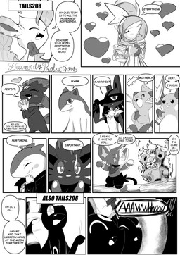 12_panel_comic ambiguous_gender angry answer anthro awoo black_body black_text blush blush_lines bodily_fluids cheek_spots chest_spike claws clenched_teeth closed_smile clothed clothing dialogue ellipsis exclamation_point eyebrows eyelashes eyes_closed feral fire forehead_gem fur gem grey_body grey_fur group hair hands_together heart_symbol hug hugging_another looking_at_another love markings motion_lines mouth_closed neck_tuft open_mouth open_smile paws pupils quadruped question question_mark questions_and_answers saliva sharp_teeth smile speech_bubble spikes spikes_(anatomy) tail talking_to_another teeth text text_box tongue tuft white_pupils white_sclera heavenlyproductions nintendo pokemon dewott eeveelution gallade gardevoir generation_1_pokemon generation_2_pokemon generation_3_pokemon generation_4_pokemon generation_5_pokemon humanoid leafeon lucario pokemon_(species) quilava raichu shinx teddiursa typhlosion umbreon weavile zorua 2025 absurd_res comic english_text hi_res monochrome