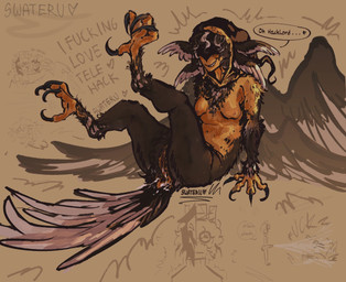 4_toes 4_wings after_sex biped bodily_fluids breasts brown_body brown_feathers brown_hair clitoris cum cum_from_vagina cum_in_vagina cum_inside cum_on_tail curly_hair dialogue digitigrade duo feathered_wings feathers feet female fluffy fluffy_chest genital_fluids genitals grin hair head_wings heart_symbol hood hug legs_up lying male multi_wing nipples obscured_eyes on_back on_hands profanity simple_background smile solo tail tail_feathers talons tan_tail teasing text toes twitching unusual_wing_placement vulva white_body white_feathers wings yellow_body yellow_skin swateru forsaken_(roblox) roblox shedletsky_(forsaken) telamon animal_humanoid avian avian_humanoid bird_humanoid demigod human humanoid mammal artist_name english_text hi_res multiple_scenes andromorph_(lore) busty_boy_(lore)
