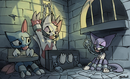 ambiguous_gender ball_gag bdsm bondage bound chain chained claws feral gag green_eyes group semi-anthro b1tk4t nintendo pokemon generation_2_pokemon generation_3_pokemon generation_5_pokemon pokemon_(species) purrloin sneasel zangoose hi_res signature
