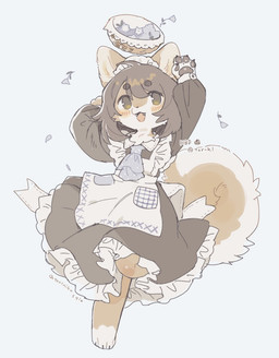 4_toes ahoge anthro apron ascot basket black_clothing black_dress black_eyes black_pawpads blue_ascot blush brown_eyebrows brown_hair clothed clothed_anthro clothed_female clothing container cute_fangs dress eyebrow_through_hair eyebrows fangs feet female female_anthro flower flower_basket fluffy fluffy_tail fully_clothed fully_clothed_anthro fully_clothed_female hair kemono maid_headdress maid_uniform neck_tuft on_one_leg open_mouth pawpads plant raised_arm raised_leg short_snout simple_background solo standing tail teeth toes translucent translucent_hair tuft uniform white_apron white_background white_clothing gomafuto vtuber kumecchi_(vtuber) canid canine canis domestic_dog mammal 2024 hi_res