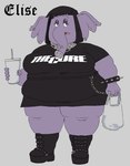 alternative_fashion anthro bag band_shirt bangs black_bottomwear black_clothing black_hair black_skirt boots bottomwear bracelet chain_necklace clothing container cup ear_piercing ear_ring eyeshadow facial_piercing fat_arms fat_legs female footwear goth hair jewelry makeup necklace nose_piercing nose_ring obese obese_anthro obese_female overweight overweight_anthro overweight_female piercing ring_piercing shirt shoes skirt solo spiked_bracelet spikes t-shirt topwear glubbub the_cure elise_(glubbub) elephant elephantid mammal proboscidean character_name hi_res