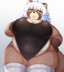 :< ahoge anthro belly big_breasts biped black_clothing black_swimwear blush breasts brown_body brown_ears brown_fur brown_inner_ear brown_nose brown_tail cleavage clothed clothing countershade_face countershade_fur countershade_torso countershading curvy_figure eyelashes female female_anthro fingers fluffy fluffy_tail front_view fully_clothed fur glistening glistening_body glistening_clothing glistening_eyes glistening_fur glistening_hair gloves_(marking) gradient_background green_eyes green_pupils hair hand_on_breast hand_on_hip huge_breasts humanoid_hands inner_ear_fluff kemono legwear looking_at_viewer markings monotone_hair monotone_tail multicolored_body multicolored_fur navel_outline neck_tuft one-piece_swimsuit overweight overweight_anthro overweight_female pupils short_hair simple_background skindentation solo standing swimwear tail tan_body tan_countershading tan_fur thick_thighs thigh_highs tuft voluptuous white_clothing white_hair white_inner_ear_fluff white_legwear white_thigh_highs wide_hips shibaemonxsk canid canine mammal raccoon_dog tanuki 2023 colored digital_media_(artwork) hi_res portrait shaded three-quarter_portrait