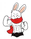 2017 4_fingers abs anthro biceps big_head big_muscles black_nose boxer_briefs bulge clothed clothing digital_media_(artwork) eyes_closed fingers fist flexing front_view fur happy heart_symbol lagomorph leporid male mammal muscular muscular_anthro muscular_male oob open_mouth open_smile pecs rabbit scarf scut_tail short_tail simple_background skimpy smile solo standing tail toony topless underwear vein white_background white_body white_fur