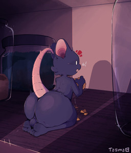 anthro arched_back backsack balls big_butt butt caught cheese container dairy_products detailed_background dialogue emanata empty_eyes food genitals glass holding_cheese huge_butt inside jar kneeling light male male_anthro micro nude pink_nose plantigrade raised_tail rear_view shadow shelf solo surprised tail text white_eyes wood tasma mammal mouse murid murine rodent 2024 english_text hi_res lighting