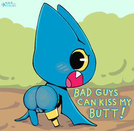 all_fours amputee angry anthro anus bat_wings blue_body blush blush_lines body_blush butt butt_blush cute_fangs dialogue disability exclamation_point fangs female genitals kiss_my_ass leaning leaning_forward looking_back membrane_(anatomy) membranous_wings missing_leg mooning pegleg plant presenting presenting_hindquarters shrub teeth text tongue vulva wings yellow_blush yellow_sclera young young_anthro young_female pedrohspacewolfy cartoon_network mao_mao:_heroes_of_pure_heart adorabat bat mammal 2025 artist_name dated english_text