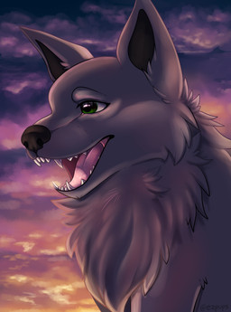 ambiguous_gender cloud feral fur green_eyes grey_body grey_fur neck_tuft open_mouth outside sharp_teeth solo teeth tongue tuft ezpups canid canine mammal 2017 absurd_res character_request hi_res signature