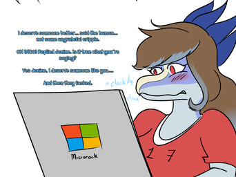 anthro blue_body blue_hair blue_scales blush blush_lines brand_parody brown_hair computer electronics eyelashes feathers female hair laptop long_hair multicolored_body multicolored_hair multicolored_scales profanity red_eyes scales simple_background solo text two_tone_body two_tone_hair two_tone_scales typing white_background arsenic_iii cavemanon_studios i_wani_hug_that_gator jenine_(iwhtg) dinosaur dromaeosaurid feathered_dinosaur feathered_scalie prehistoric_species reptile saurischian scalie theropod velociraptor 2025 digital_drawing_(artwork) digital_media_(artwork) english_text hi_res
