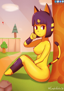 blue_hair breasts exposed_breasts female fur hair nipples nude outside public public_nudity solo sunset yellow_body yellow_fur complex_vortex animal_crossing nintendo ankha_(animal_crossing) animal_humanoid cat_humanoid felid felid_humanoid feline feline_humanoid felis humanoid mammal mammal_humanoid hi_res