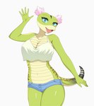 anthro anthrofied big_breasts blue_eyes blue_sclera bottomwear breasts clothing crop_top denim denim_bottomwear denim_clothing denim_shorts eyelashes female green_body green_scales looking_at_viewer midriff navel non-mammal_breasts non-mammal_navel open_mouth open_smile scales shirt shorts smile solo topwear shirasiyuki dreamworks kung_fu_panda master_viper reptile scalie snake viper 2025 hi_res