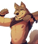 anthro bottomwear clothed clothing clothing_lift collar collar_tag green_eyes looking_at_viewer male navel nipples pants shirt shirt_lift solo topwear wristband yongdasom bongo_(yongdasom) canid canine canis mammal wolf 2024 hi_res signature