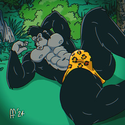 abs animal_print anthro black_body black_fur bulge clothed clothing fur grey_body hand_behind_head leopard_print male muscular muscular_anthro muscular_male navel nipples pecs pose solo speedo speedo_only swimwear topless topless_anthro topless_male yellow_clothing yellow_speedo yellow_swimwear fabfelipe ox_tales gaylord_(ox_tales) ape gorilla haplorhine mammal primate 1:1 2024 chromatic_aberration digital_drawing_(artwork) digital_media_(artwork) hi_res pinup
