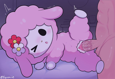 accessory anthro anthro_penetrated balls bed blush bodily_fluids detailed_background duo female female_anthro female_on_human female_penetrated flower flower_in_hair fur furniture genital_fluids genitals hair hair_accessory human_on_anthro human_penetrating human_penetrating_anthro human_penetrating_female humanoid_genitalia humanoid_penis inside interspecies larger_human larger_male male male/female male_human male_on_anthro male_penetrating male_penetrating_anthro male_penetrating_female on_bed one_eye_closed penetration penile penile_penetration penis penis_in_vagina pink_body pink_fur pink_wool plant sex size_difference smaller_anthro smaller_female smaller_penetrated vaginal vaginal_fluids vaginal_penetration vulva wool_(fur) zyuuniie onegai_my_melody sanrio my_sweet_piano bovid caprine human mammal sheep hi_res signature