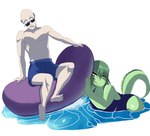 5_toes abstract_background anthro bald blue_clothing blue_one-piece_swimsuit blue_swimming_trunks blue_swimwear claws clothed clothing duo eyelashes eyewear feet female finger_claws glistening glistening_body glistening_scales green_body green_hair green_scales grey_eyes hair inflatable inner_tube light-skinned_male light_body light_skin long_tail male one-piece_swimsuit partially_clothed scales short_hair smile snout sunglasses swimming swimming_trunks swimwear tail toes wet wet_body wet_hair wet_scales yellow_sclera puffycrow cavemanon_studios i_wani_hug_that_gator inco_(iwhtg) olivia_halford baryonyx dinosaur human mammal prehistoric_species reptile scalie spinosaurid theropod 2025 absurd_res digital_drawing_(artwork) digital_media_(artwork) hi_res