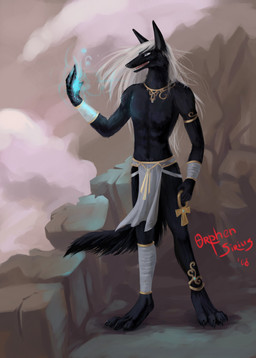 ankh ankh_necklace anthro armlet barefoot black_body black_claws black_fur black_nose bottomwear claws clothed clothing egyptian egyptian_clothing feet fur glowing gold_(metal) gold_jewelry grey_eyes hair holding_object jewelry leglet loincloth long_ears long_hair magic magic_user male necklace open_mouth outside rock solo spell standing teeth toe_claws tongue topless topless_male white_hair orphen-sirius selker_ari selker_(character) anubian_jackal canid canine canis jackal mammal 2008 absurd_res hi_res signature