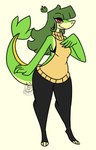 anthro bra breasts clothing eyeshadow female green_hair hair lidded_eyes long_hair looking_at_viewer makeup plant red_eyes smile smug solo sweater topwear underwear virgin_killer_sweater nerdyreindeer meme_clothing nintendo pokemon elemental_creature flora_fauna generation_5_pokemon lizard pokemon_(species) reptile scalie snivy hi_res meme