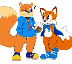 anthro black_eyes black_nose blue_eyes buckteeth cape cigar clothing dipstick_tail duo featureless_crotch footwear hand_in_pocket hands_behind_back holding_object jacket male markings multicolored_tail open_mouth pockets question_mark shoes simple_background tail tail_markings teeth thick_thighs topwear white_background sssonic2 conker's_bad_fur_day lucky's_tale_(series) playful_corp. rareware conker lucky_swiftail canid canine eurasian_red_squirrel fox mammal red_fox rodent sciurid tree_squirrel true_fox 2017 crossover digital_media_(artwork) hi_res