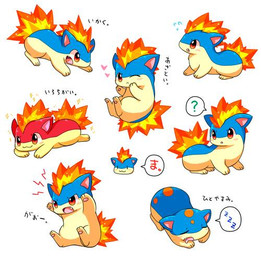 ambiguous_gender blush feral fire heart_symbol one_eye_closed question_mark rawr sleeping smile solo sound_effects text vowelless vowelless_sound_effect wink zzz unknown_artist nintendo pokemon generation_2_pokemon pokemon_(species) quilava shiny_pokemon japanese_text low_res multiple_images source_request