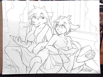 4_toes 5_fingers anthro bench breasts chest_tuft duo empty_eyes featureless_breasts featureless_chest feet fingers hair hair_in_face leaning_on_another long_hair male mostly_nude on_bench pawpads relaxing sauna short_hair simple_background sitting sitting_on_bench snout steam toes towel towel_on_shoulder tuft wearing_towel conditional_dnp tom_fischbach twokinds keith_keiser natani basitin canid canine canis keidran mammal wolf 4:3 graphite_(artwork) hi_res monochrome sketch traditional_media_(artwork) trans_(lore) trans_man_(lore)