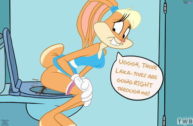 anthro bathroom blonde_hair blue_clothing blue_dress bodily_fluids brown_body brown_fur clothed clothing clothing_lift dialogue diarrhea dress dress_lift explosive_diarrhea feces female fur hair laxative onomatopoeia panties panties_down partially_clothed pink_clothing pink_panties pink_underwear pooping pooping_in_toilet public_restroom restroom_stall sitting sitting_on_toilet solo sound_effects text toilet toilet_use underwear underwear_down thedispenser69 looney_tunes the_looney_tunes_show warner_brothers lola_bunny lagomorph leporid mammal rabbit hi_res