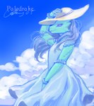 anthro clothed clothing cloud dress female hair hat headgear headwear looking_away solo sun_hat sundress wide_brim_hat ais05 paledrake_(artist) mythology heidi_(the7thprimarch) dragon mythological_creature mythological_scalie scalie absurd_res artist_collaboration hi_res