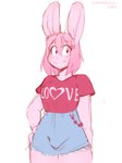 anthro big_breasts breasts bulge clothing fashionable gynomorph hair heart_symbol intersex looking_aside pink_body pink_hair shirt solo text text_on_clothing text_on_shirt text_on_topwear thick_thighs topwear marshmallow-ears peachy_(marshmallow-ears) lagomorph leporid mammal rabbit digital_media_(artwork) hi_res sketch