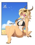 5_toes anklet anthro beach bikini blonde_hair brown_body brown_eyebrows clothing ear_piercing ear_ring eyebrows eyelashes eyewear feet female food food_in_mouth fur glasses green_eyes hair highlights_(coloring) horn humanoid_feet jewelry multicolored_body multicolored_fur piercing plantigrade popsicle ring_piercing solo swimwear tinted_glasses toes two-piece_swimsuit kanutwolfen ambar_grimaldi antelope bovid gazelle mammal thomson's_gazelle true_antelope absurd_res hi_res