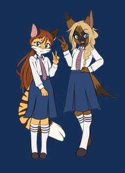 accessory anthro biped black_markings black_nose black_stripes blonde_hair blue_bottomwear blue_clothing blue_skirt bottomwear braided_hair braided_ponytail brown_body brown_fur cheek_tuft clothed clothing countershade_face countershade_fur countershading digitigrade dipstick_ears dipstick_tail duo ear_markings facial_markings facial_tuft female footwear front_view fur gesture hair hand_gesture hand_on_hip hand_on_own_hip head_markings long_hair looking_at_viewer markings mask_(marking) multicolored_ears necktie ponytail red_hair school_uniform shirt skirt socks striped_markings striped_tail stripes tail tail_markings tan_body tan_fur topwear tuft uniform v_sign white_body white_clothing white_countershading white_footwear white_fur white_markings white_shirt white_socks white_topwear young young_anthro young_female pucco alice_(aliceocelot) lucy_king_(aliceocelot) canid canine canis domestic_dog felid feline herding_dog leopardus malinois_dog mammal ocelot pastoral_dog sheepdog 2026 absurd_res alpha_channel hi_res