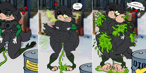 anthro armwear barrel black_body black_hair black_nipples choker clothing death elbow_gloves eyelashes eyeshadow female footwear gloves green_eyeshadow hair handwear heart_symbol high_heels industrial_background inflation jewelry lips liquid_inflation makeup melting melting_flesh necklace nipples paws popping shoes snuff solo tail text thick_lips thick_thighs thought_bubble foxpawmcfly disney who_framed_roger_rabbit canid canine canis mammal wolf absurd_res colored comic english_text hi_res signature