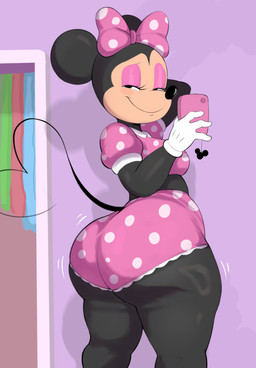 accessory anthro big_breasts big_butt biped black_body bow_ribbon breasts butt cellphone clothed clothing detailed_background electronics eyelashes female hair_accessory hair_bow hair_ribbon holding_cellphone holding_object holding_phone huge_butt inside looking_at_viewer looking_back medium_breasts phone pink_clothing presenting presenting_hindquarters pupils ribbons slightly_chubby slightly_chubby_anthro slightly_chubby_female smile solo thick_thighs wide_hips usnarbit disney minnie_mouse house_mouse mammal mouse murid murine rodent 2025 hi_res