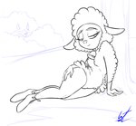 anthro bell bell_collar breasts collar featureless_breasts female fur looking_away narrowed_eyes on_ground plant shrub simple_background smile solo tree white_background wool_(fur) wastedtimeee droopy_(series) metro-goldwyn-mayer sheep_wrecked leggy_lamb bovid caprine mammal sheep 2018 signature