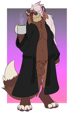 4_toes animal_genitalia anthro balls beverage biped breasts brown_body brown_fur coffee container cup digitigrade feet fully_sheathed fur genitals gown gynomorph gynomorph_anthro hair hindpaw intersex intersex_anthro joy_(arjo) paws pink_eyes pink_hair purple_eyes sheath slightly_chubby slightly_chubby_anthro solo toes white_body white_fur alex.fetter canid canine mammal raccoon_dog tanuki absurd_res hi_res trans_(lore) trans_woman_(lore)