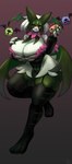 absurd_res alternate_costume anthro bat_wings big_breasts black_claws black_clothing black_legwear black_leotard black_thigh_highs breasts brown_background claws cleavage clothed clothing curvy_figure female food fruit full-length_portrait garter_straps generation_5_pokemon generation_9_pokemon glistening glistening_body gradient_background green_body group half-closed_eyes hi_res huge_breasts legwear leotard looking_at_viewer membrane_(anatomy) membranous_wings meowscarada narrowed_eyes nintendo open_mouth pink_eyes plant pokemon pokemon_(species) portrait pubic_tattoo pumpkin red_background simple_background skindentation smile tattoo thick_thighs thigh_highs voluptuous wide_hips wings woobat yboon