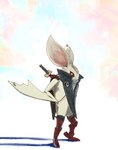 anthro boots bottomless clothed clothing footwear fur katana male melee_weapon poncho red_eyes shoes solo sword weapon white_body white_fur wings dakotamacdoodle metaphor:_refantazio heismay_noctule bat eugief mammal hi_res