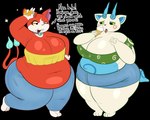 2_tails anthro belly big_belly big_breasts blue_body bottomwear breasts candy chocolate chocolate_bar cleavage clothed clothing collar crossgender crumbs deep_navel dessert dialogue duo female food green_clothing green_eyes green_topwear huge_breasts huge_hips huge_thighs ice_cream markings multi_tail navel overweight overweight_anthro overweight_female pants pose red_body short_stack shorts simple_background sparkles tail thick_thighs topwear white_body wide_hips yellow_clothing yellow_eyes yellow_topwear blitzyflair asian_mythology east_asian_mythology japanese_mythology level-5 mythology yo-kai_watch jibanyan komasan canid canine canis domestic_cat domestic_dog felid feline felis foo_dog komainu mammal spirit yokai absurd_res hi_res