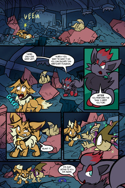 6_panel_comic ambiguous_gender bandage black_cape black_clothing black_eyes black_nose black_text blue_eyes blue_text brown_body brown_fur brown_hair cape clenched_teeth clothing detailed_background dialogue dot_pupils exclamation_point eye_patch eyebrows eyelashes eyewear feral fluffy fluffy_tail fur gasp group hair holding_object inner_ear_fluff kerchief looking_at_another lying neck_tuft on_front on_ground on_side one_eye_obstructed open_mouth page_number paws pupils purple_eyes quadruped seed sharp_teeth sound_effects speech_bubble standing tail talking_to_another teeth text tongue toony trio tuft tusks white_pupils white_sclera wounded yellow_text virmir nintendo pokemon pokemon_mystery_dungeon spike_chunsoft virmir_(character) zinc_(zincxiron) axew eevee generation_1_pokemon generation_5_pokemon pokemon_(species) zorua 2026 2:3 absurd_res comic english_text hi_res signature male_(lore)