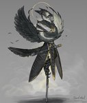 accessory anthro beak belt black_beak black_body black_feathers digit_ring feathered_wings feathers feet fog furgonomics halo jewelry looking_forward loose_feather male melee_weapon perching ring scabbard shadow solo sword sword_in_ground tail tail_accessory tail_jewelry tail_ring toe_ring toes weapon white_body white_feathers wings yellow_eyes themefinland accipitrid accipitriform avian bird 2022 dated digital_media_(artwork) signature