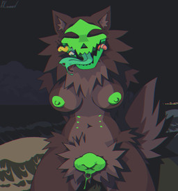 animal_genitalia animal_vulva anthro big_breasts breasts canine_genitalia canine_vulva dripping_tongue dripping_wet female fluffy food genitals pubes solo vulva 69weed vomit_(character) arthropod canid canine caterpillar insect larva mammal skull_dog worm hi_res