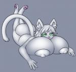 anthro balls big_balls big_breasts breasts fur genitals green_eyes gynomorph huge_balls huge_breasts hyper hyper_balls hyper_breasts hyper_genitalia intersex looking_at_viewer lying nipples pawpads paws pose solo white_body white_fur white_nipples lamiaaaa waya domestic_cat felid feline felis mammal 2018 hi_res pinup