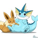 ambiguous_gender belly belly_play blue_body blush brown_body brown_fur digitigrade duo featureless_crotch feral fur overweight overweight_feral quadruped spread_legs spreading tail tailbutt tapering_tail thick_tail yellow_body tontaro nintendo pokemon eevee eeveelution generation_1_pokemon pokemon_(species) vaporeon 1:1 2d_animation animated short_playtime